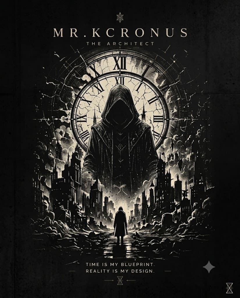 Archive plate: the house wordmark above an intact but cracked numeral clock face, with a hooded figure framed inside the face and a ruined city beneath it.