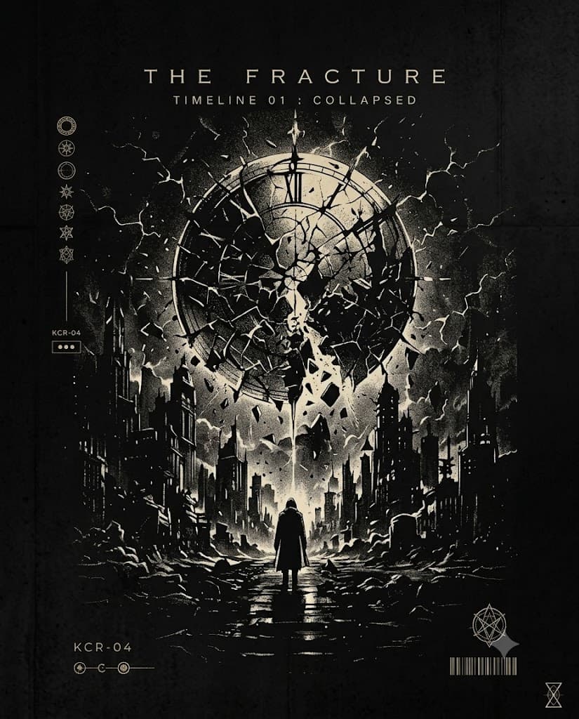Archive plate: a numeral clock face breaking apart into scattered fragments above a ruined city, with a lone figure standing on a wet road below.