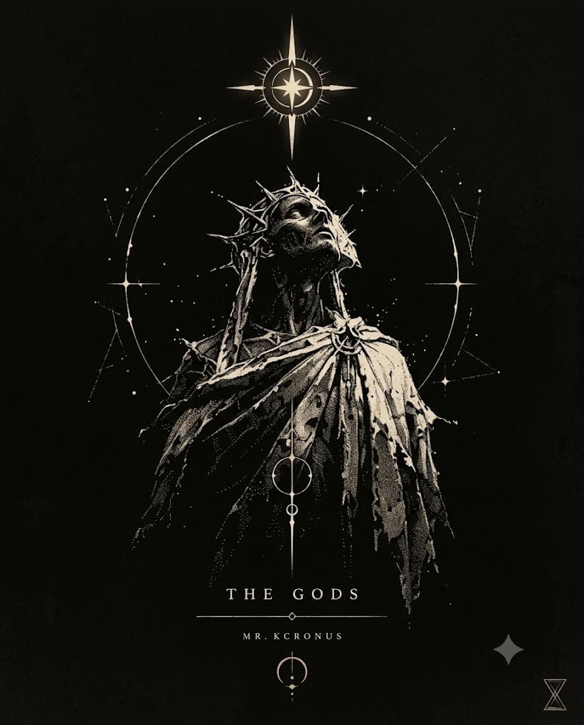 Archive plate: a crowned figure in draped robes looking upward, beneath an eight-pointed star and orbital circles.