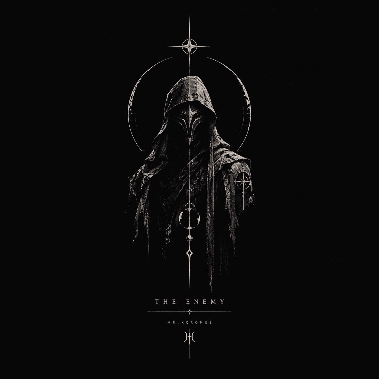 Archive plate: a hooded figure wearing a beaked mask, with crosshair and circular geometry and a vertical sigil axis.