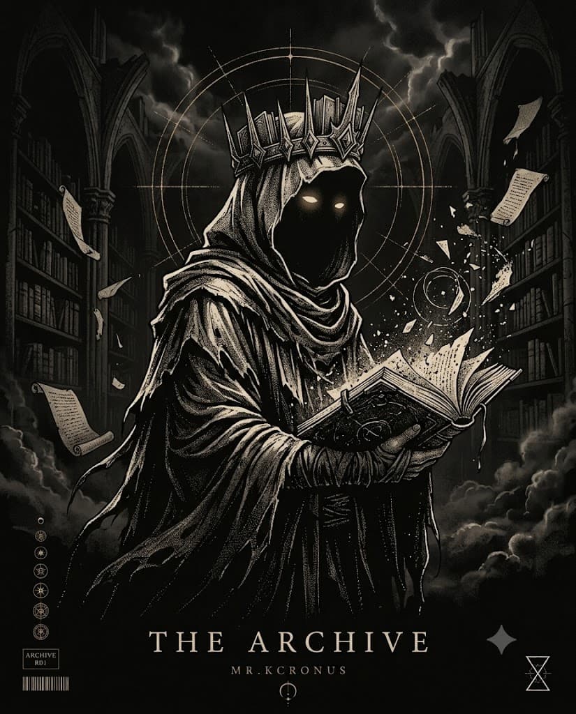 The Archive: a hooded, crowned figure in white holding an open book, rendered in ink and wash.