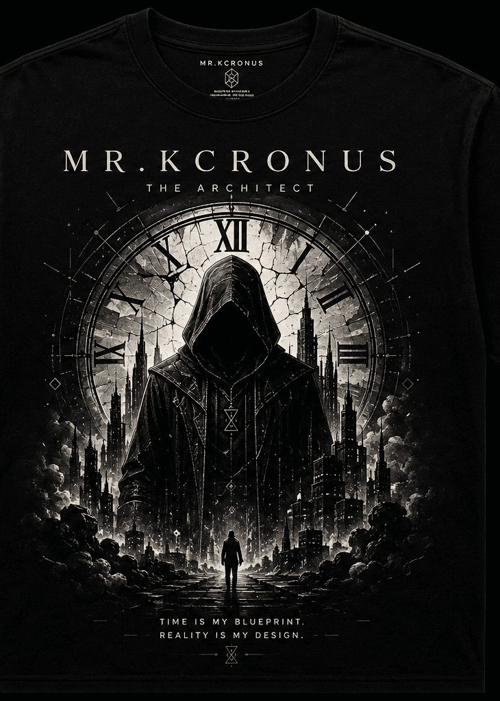 MR.KCRONUS garment brand visual: a black short-sleeve tee printed with the house wordmark above a hooded figure framed inside a cracked clock face, above a ruined city.