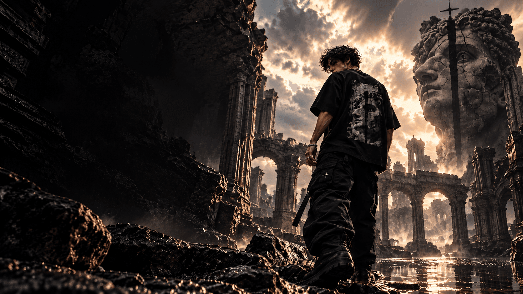 A lone figure in black MR.KCRONUS clothing stands among ruined classical arches and scattered rubble, beneath a large cracked stone head, against a breaking sky.